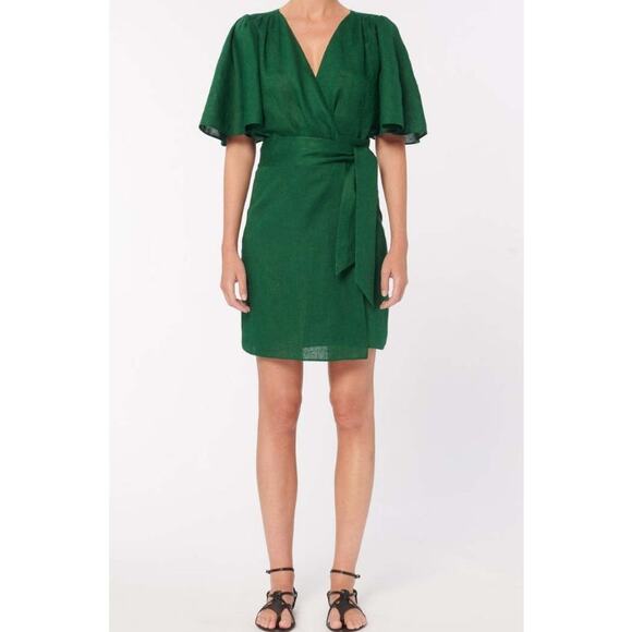 VANESSA BRUNO Tobasco Linen Wrap Dress Size 38 = 6 Emerald Green  MSRP $335 - Picture 1 of 12